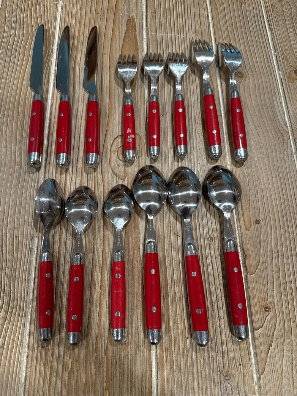 Vintage MCM Red Riveted Flatware 14 Pc Lot Stainless China X Knives Forks Spoons